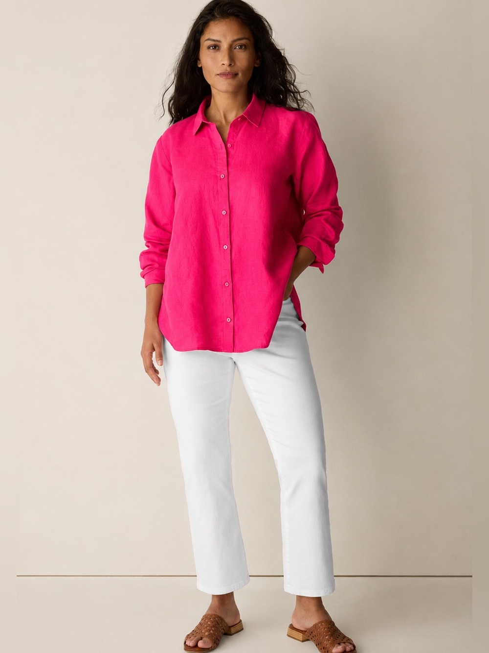 Eileen Fisher Organic Handkerchief Linen Classic Collar Shirt Hot Pink Coastal M